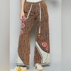 POL Boho Wide-Leg Floral Embroidered Pants - Brown